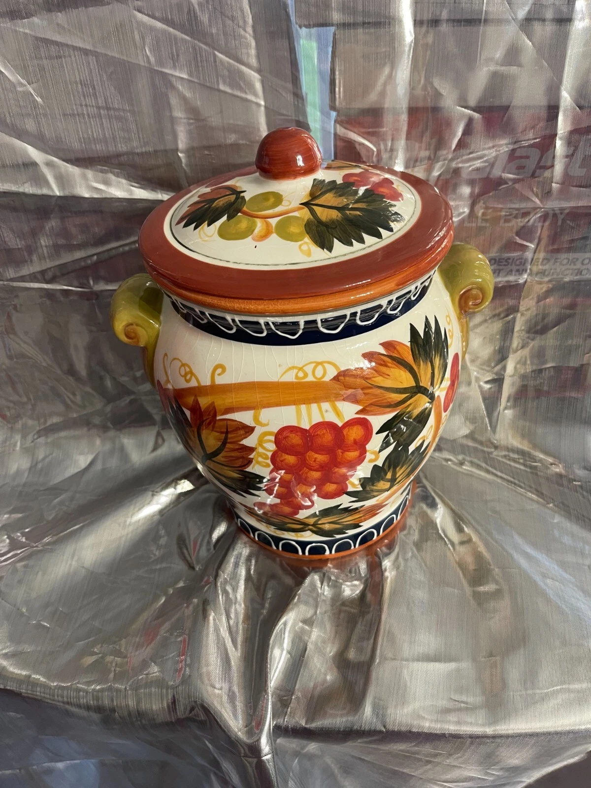 Cermaic Cookie Jar Canister Grapes & Autumn Leaves Themed w/ Handles by Nonni's