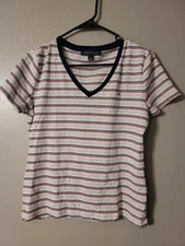 Tommy Hilfiger Striped V Neck Short Sleeve T Shirt Size L 100% Cotton 