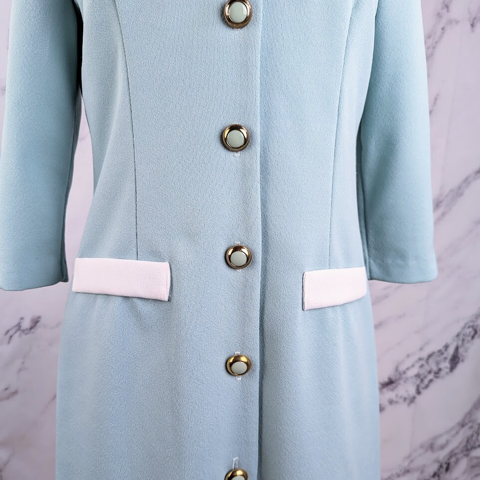 80s Powder Blue Suit Dress Button Down Midi Length Collared Size 12