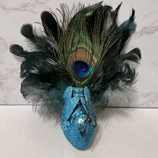 Peacock with Feathers Christmas Ornament Blue Sparkling Perch Elegant