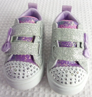 Twinkle Toes Skechers Toddler 5 Silver/Purple Glitter Hook Loop Light-Up Shoes