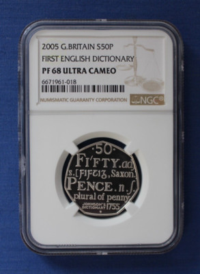 2005 silberproof 50p Münze ''Johnson's Dictionary'' NGC bewertet PF68 mit Etui