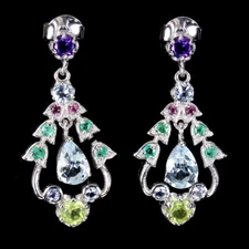 925 Sterling Silver Earrings Pear Aquamarine Emerald Peridot Gemstone jewelry