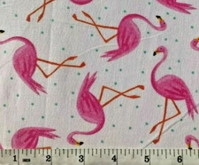 Pink Flamingos on White with Blue Dots - Quilt Fabric - Half Yard