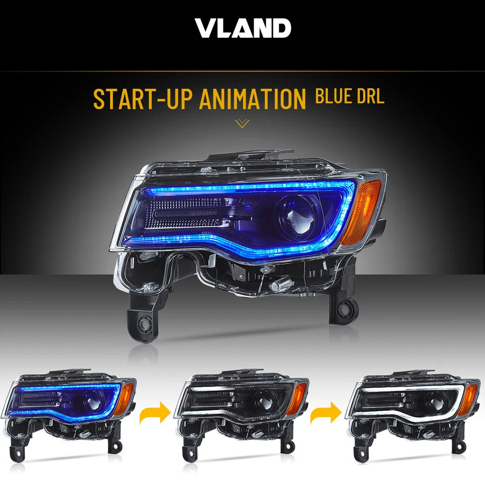 VLAND LED Projector Headlights Fit Jeep Grand Cherokee 2014-2021 2022 W/Blue DRL - Image 3 of 4