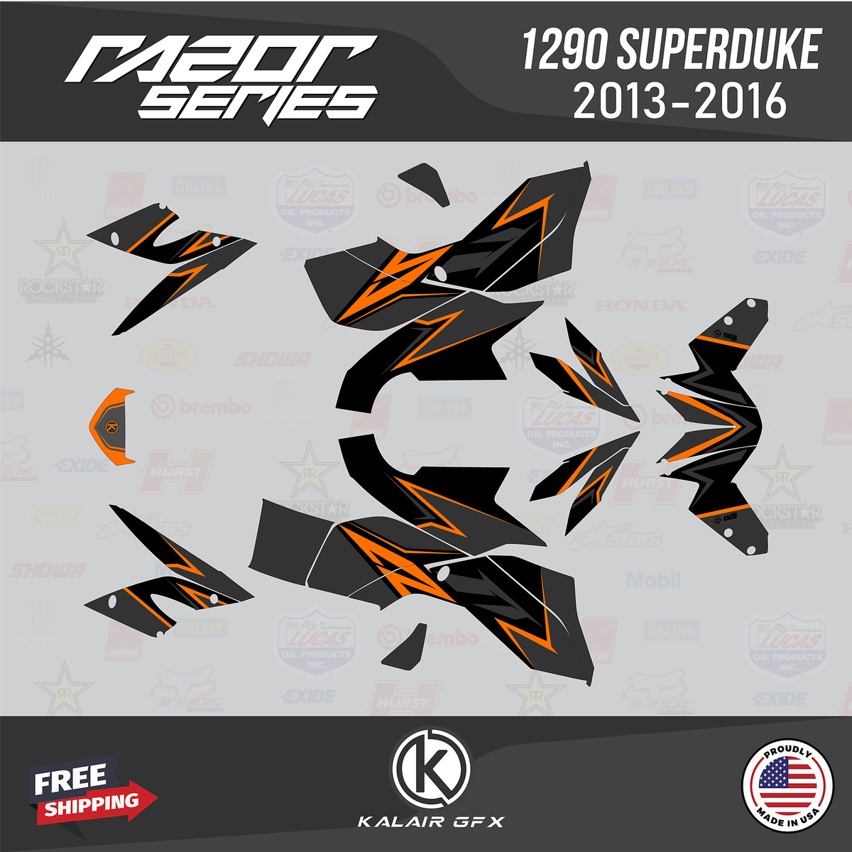 Graphics Kit for KTM 1290 Super Duke (2013-2016) Razor-Black-Orange