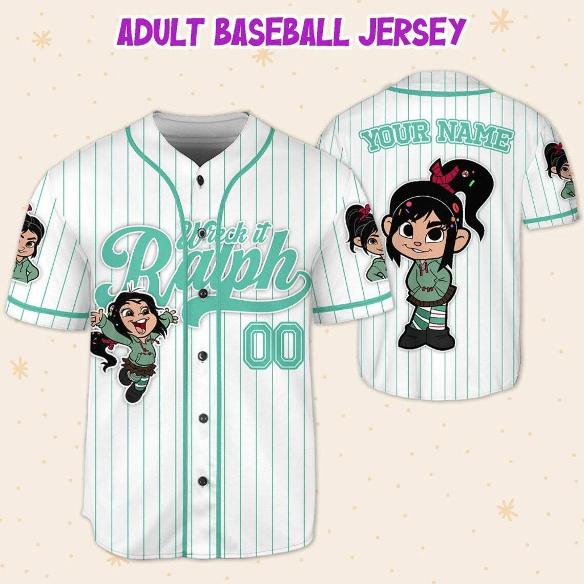 Custom Disney Wreck it Ralph Vanellope Simple Stripe, Custom Baseball Jersey
