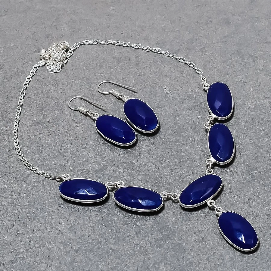 Blauer Chalcedon Edelstein Schmuck Set Handarbeit Geburtstag Geschenk Halsket... - Bild 2 von 4