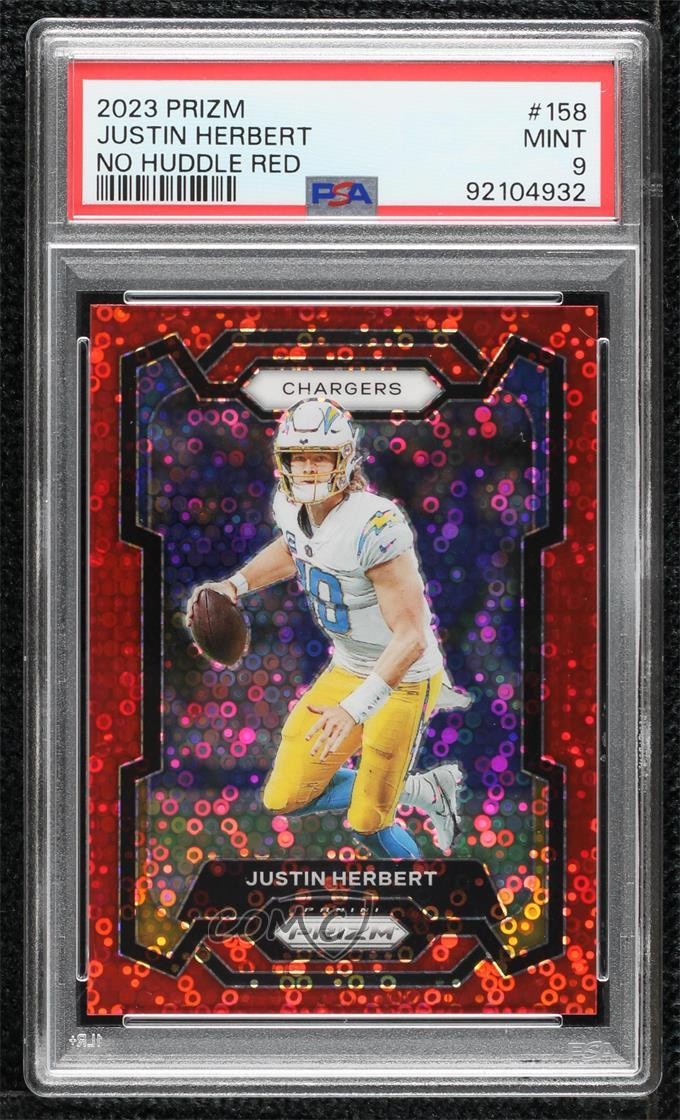 2023 Panini Prizm No Huddle Red Prizm 28/70 Justin Herbert #158 PSA 9 MINT 07i7