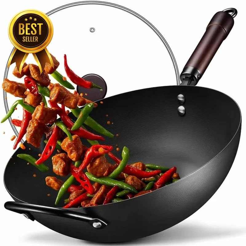 13” Carbon Steel Wok 5.8QT Pre-Seasoned Flat Bottom w Lid All Cooktops