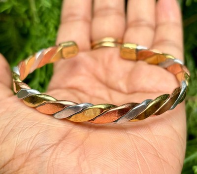 Men' 18K Tri-Color Gold Over Astrological Health Benefit Twisted Bangle Bracelet