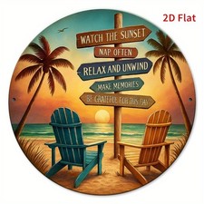  2D Flat Beach Scene Metal Wall Art Tin Metal Signs Home D cor 8x8 Round Iron
