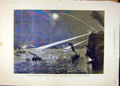 Original alter antiker Druck 1879 Torpedo Kriegsführung Portsmouth U-Boot Minen Marine