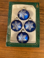 Blue Silver Glass Snowflake Christmas By Krebs Ornaments Made In USA Set of 4