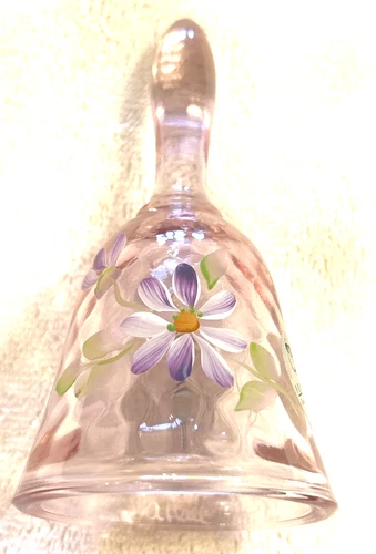 Vintage FENTON Pink Glass Bell Figurine Hand Painted Flowers Signed