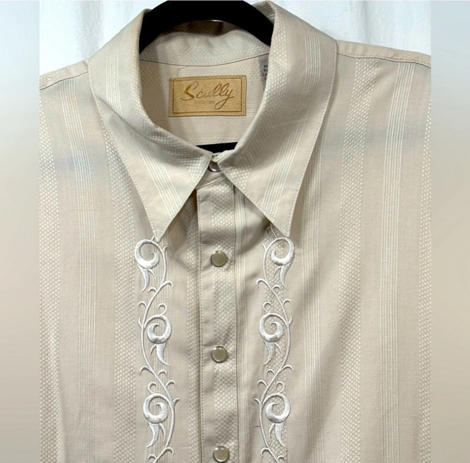 Camisa Scully bordada con botones a presión para hombre XL crema seda vaquero occidental PW-012 Foto 3 de 4