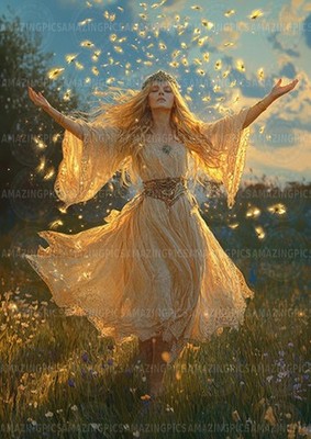 Aine Kunstdruck Keltische Göttin Goldenes Licht Sommersonnenwende Blumen Fantasy AF15