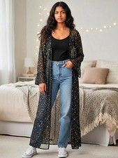 Boohoo Star Printed Flock Mesh Maxi Kimono Cardigan br Black & Gold Size 12
