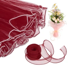 4 Yards Flower Wrapping Mesh Paper Pearl Edge, Wine Red