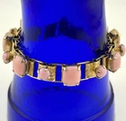 Vintage Book Chain Prong Set Pink Milk Glass Bracelet Floral Stamped Gold Tone