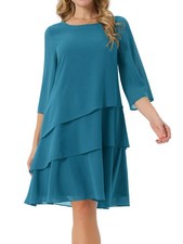 Seta T Women's Chiffon Dress Large Lake Blue 3/4 Sleeve Tiered Flowy Fit SIZE XL