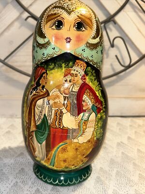 1994 VTG Russian Fairytale Nesting Doll Hand Painted Signed 9.5  - 10 Pce