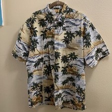 Pierre Cardin Hawaiian Button Down Shirt Size Large Palm Trees Ocean Cotton