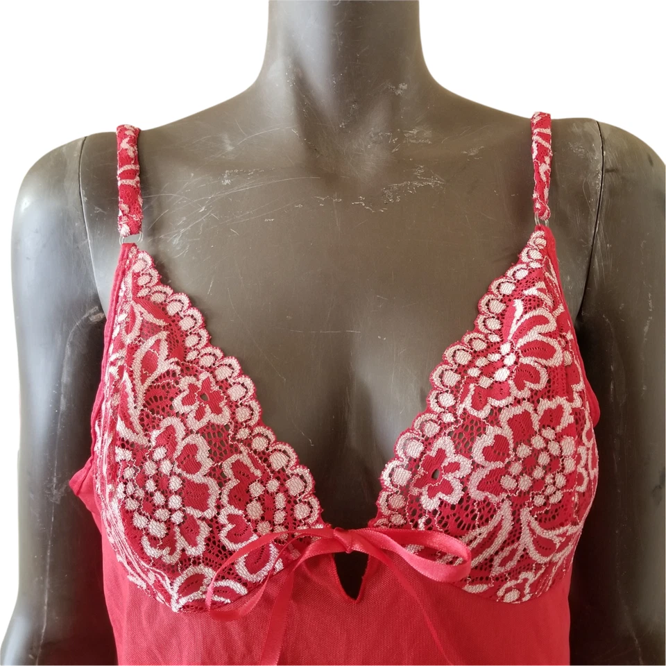 复古 Camisole 婴儿娃娃睡衣女式中号红色白色不对称 — 第 2/4 张图片