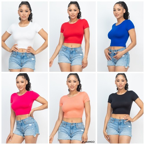 Crop top scoop neck short sleeve basic casual party stretch t-shirt poly/blend - 第 2/15 張圖片