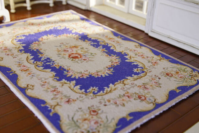 1：12 Scale Victorian Era Blue Ivory Aubusson Design Miniature Rug Red Pink Roses