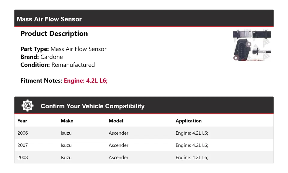 For 2006-2008 Isuzu Ascender 4.2L L6 Mass Air Flow Sensor Cardone 2007 - Image 2 of 4