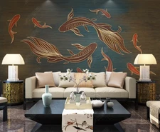 3D Relief Carving Goldfish Self-adhesive Removeable Wallpaper Wall Mural