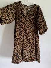 CO’ COUTURE SAVANNA ANIMAL LEOPARD PRINT PUFF SLEEVE SHORT MINI DRESS SIZE:SMALL