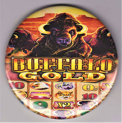 TWO BUFFALO GOLD SLOT MACHINE H-U-G-E 3" BACK BUTTONS. BRAND NEW ITEM'S. | eBay