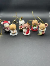 Christmas Lil Chimers Bisque Ornaments Jasco Set of 6 Bells 1980’s Vintage Deco