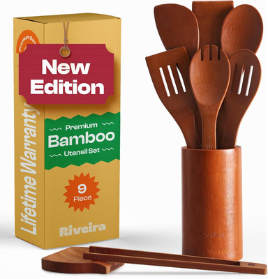 Premium Brown Bamboo Wooden Spoons for Cooking Set of 9   Premium Brown Bamboo W