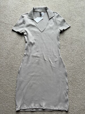 H&M Divided Ribbed Short Sleeve Collared Beige Jersey Dress V Neck Fitted  Medium | eBay