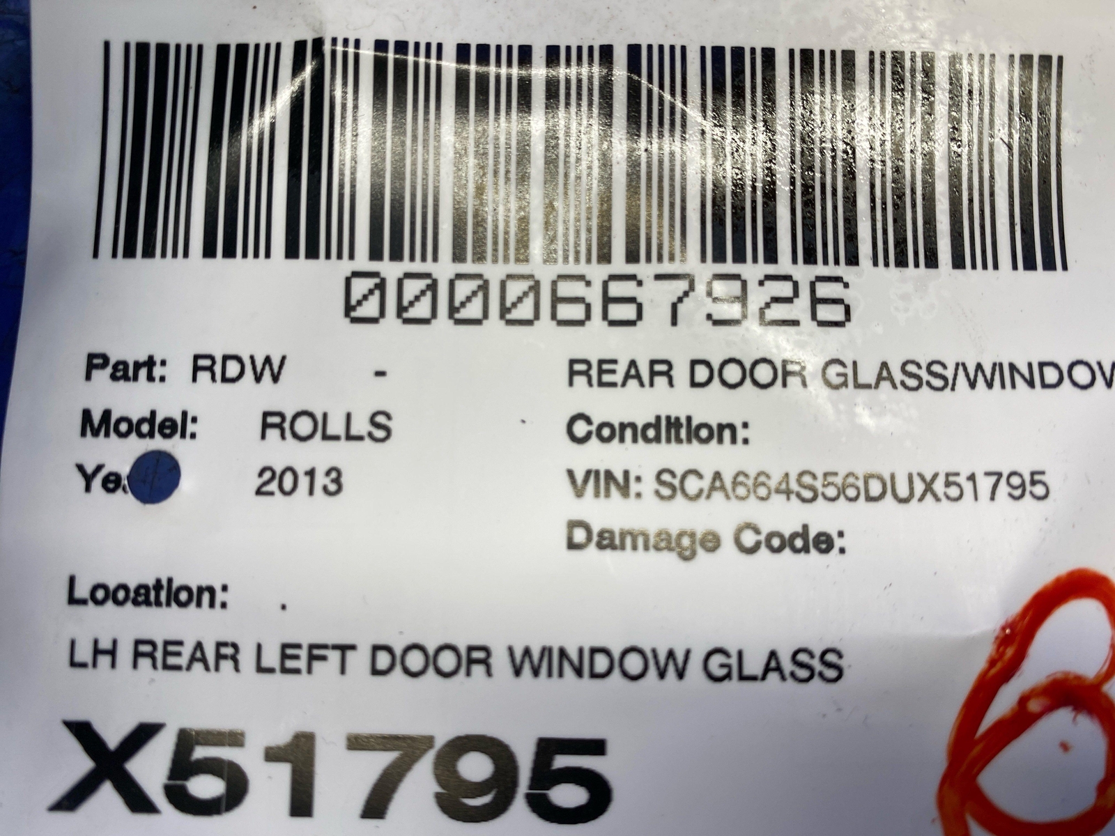 2009 2010 2011 2012 2013 2014 ROLLS ROYCE GHOST REAR LEFT DOOR WINDOW GLASS OEM