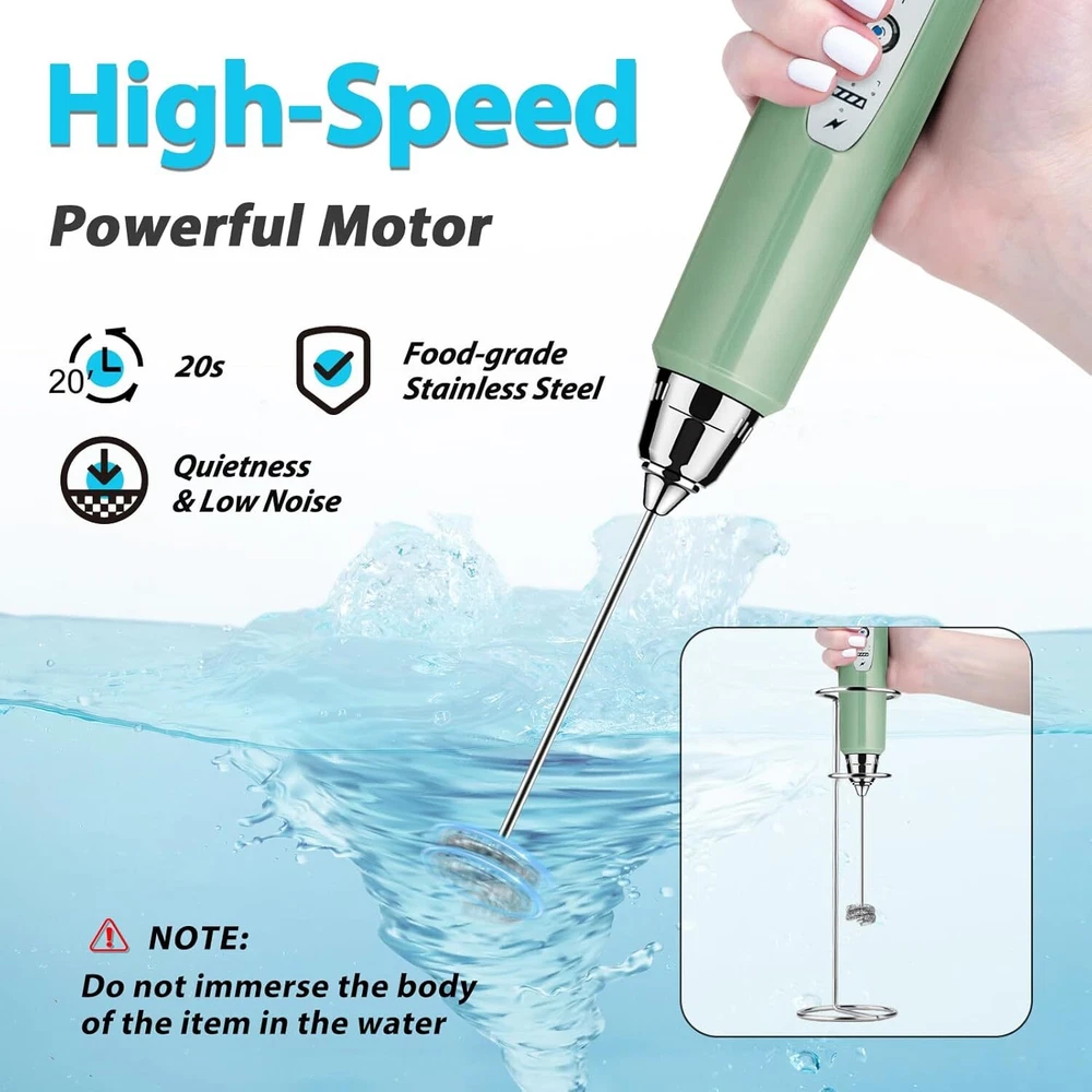 Milk Frother with Stand Rechargeable-Handheld Coffee Milky Green