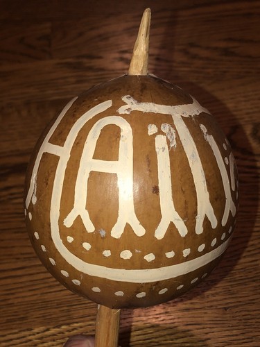 Vintage Haiti Detailed Carved Painted Gourd Shaker Wooden Rattle Rumba Maraca - Picture 3 of 11