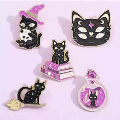 Schwarze Hexen Katze - 5x Pin Set Anstecker Anstecknadel Metall Cosplay NEU