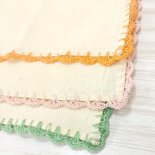 Vintage Crochet Edge Handkerchief Napkin Lot of 3 Grannycore Oatmeal Pink Green