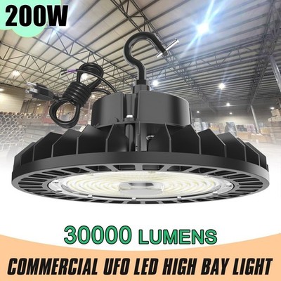 200W UFO LED High Bay Shop Light Dimmable Garage Warehouse Hanging Lamp 100-277V