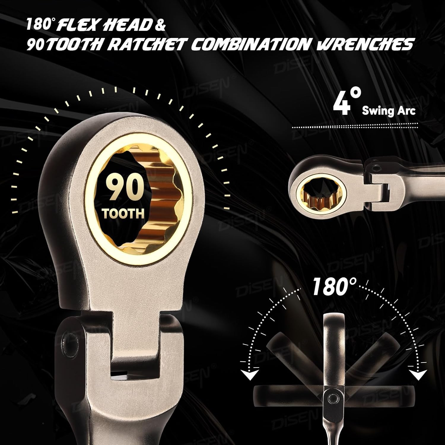 6PCS 90 Teeth Ratcheting Wrench Set Double Box End Flex Head with Gray Nickel Co