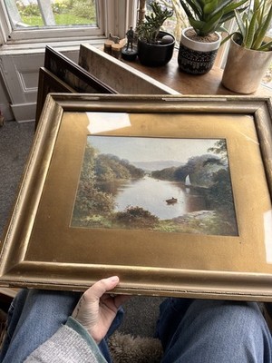 Vintage alter gerahmter Druck von J W Gossard Landschaft Flussszene