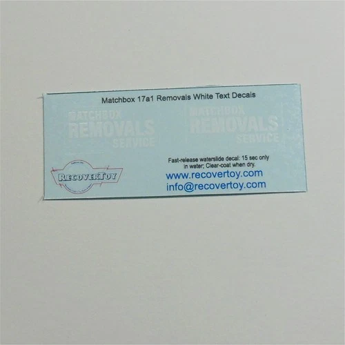Matchbox Lesney 17a1 Removals Van White Text Pre-cut Decal Set