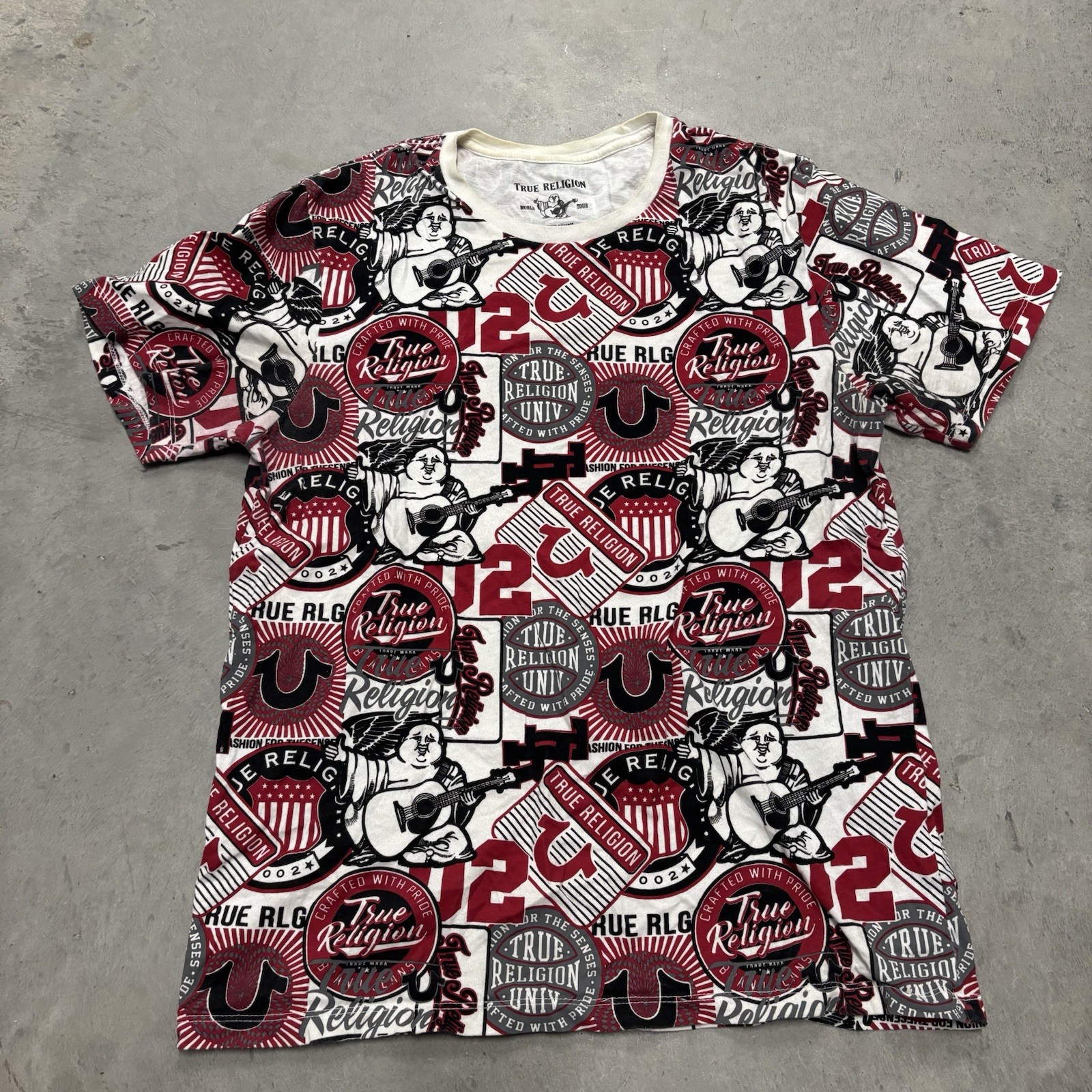 True Religion T-shirt All-Over Print Sz Youth Medium Unisex Black White Red