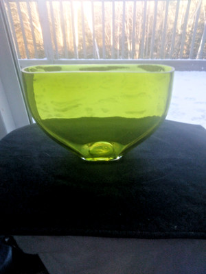 Vintage Unique Handblown Mid-Century Green Art Deco Glass Vase