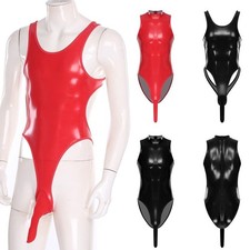 DE Herren Bodysuit Wet Look PVC Catsuit Lackleder Jumpsuit Unterwäsche Clubwear