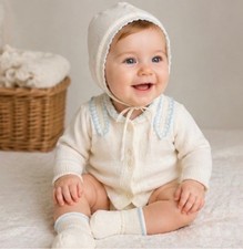 Thomas Baby Vintage 3pc Knit Set Cardigan Tie Bonnet Booties White Blue 6-12 M